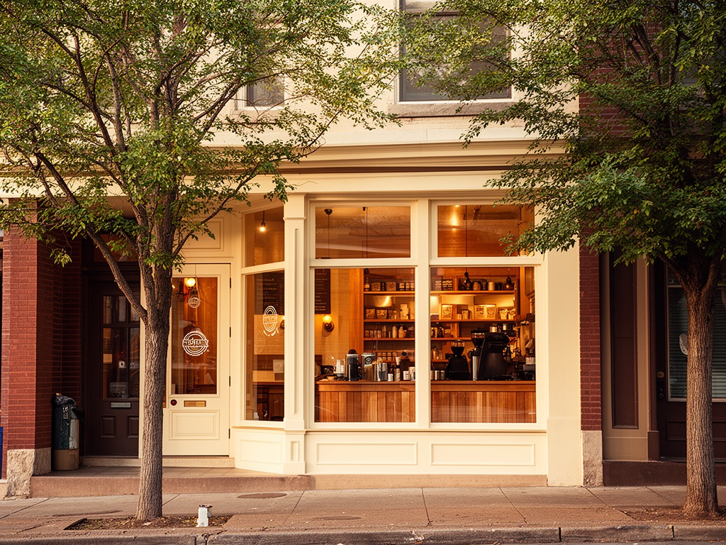Neighborhood café with large windows on a tree-lined St. Louis street