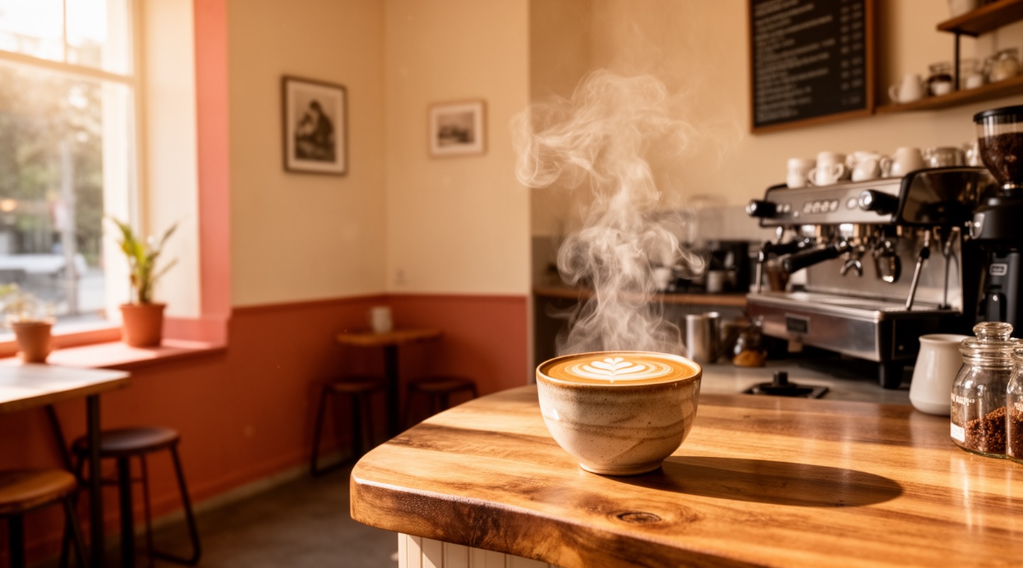 Latte with leaf art on a wood bar in a warm cream café, espresso machine behind