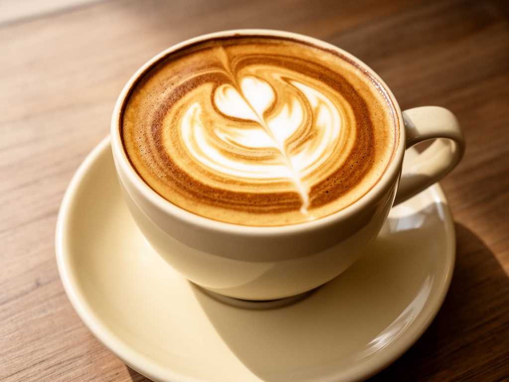 Latte with rosetta art in a cream ceramic cup