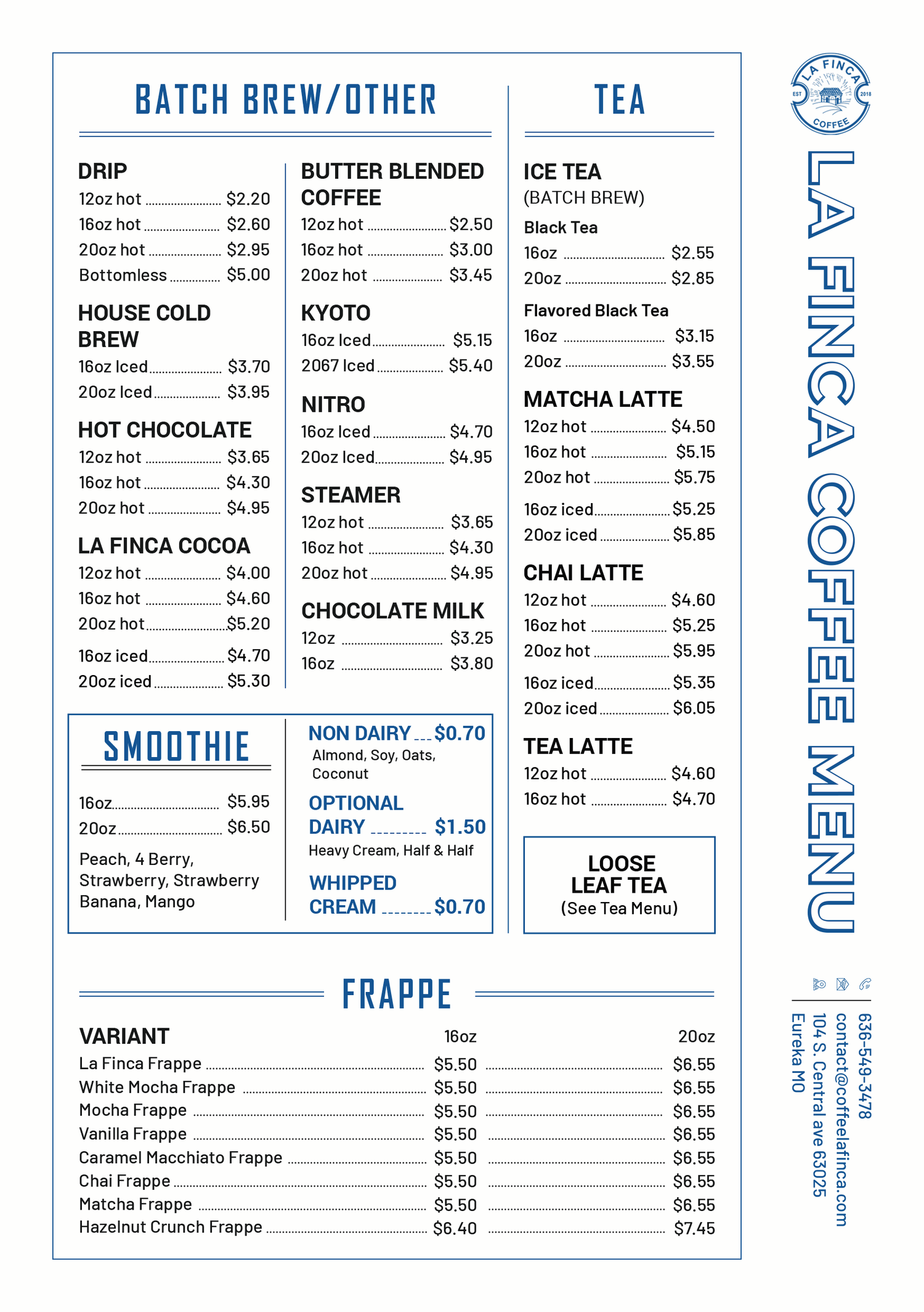 Eureka café menu for batch brew, cold brew, tea, smoothies, and frappes
