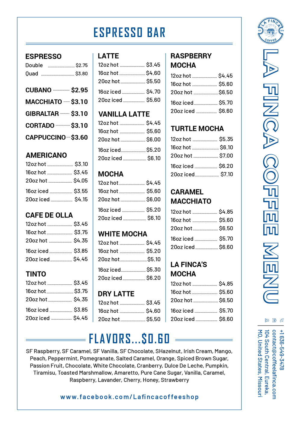Eureka café espresso bar menu with prices for espresso drinks, lattes, and mochas