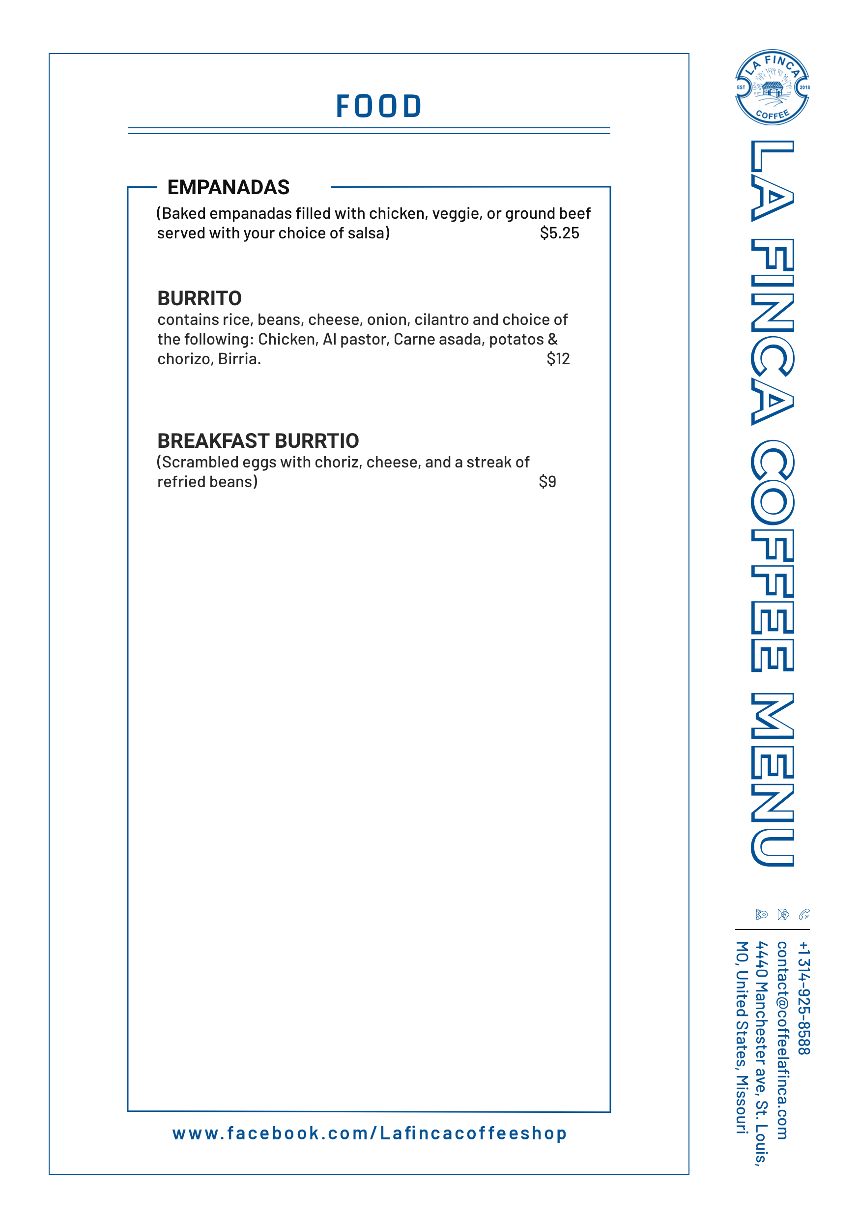 The Grove café food menu: empanadas, burritos, and breakfast burritos